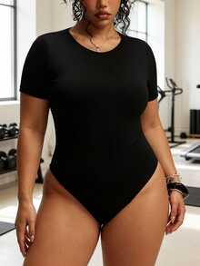 SHEIN Sports Women's Plus Size Solid Color Open Back Short Sleeve Athletic Jumpsuit Gym Sports Black Summer Pilates Gym - Black - View 3