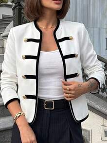 SHEIN Clasi 優雅時尚黑白金屬鈕扣裝飾修身女款夾克 秋冬款 - 黑與白 - 查看 3