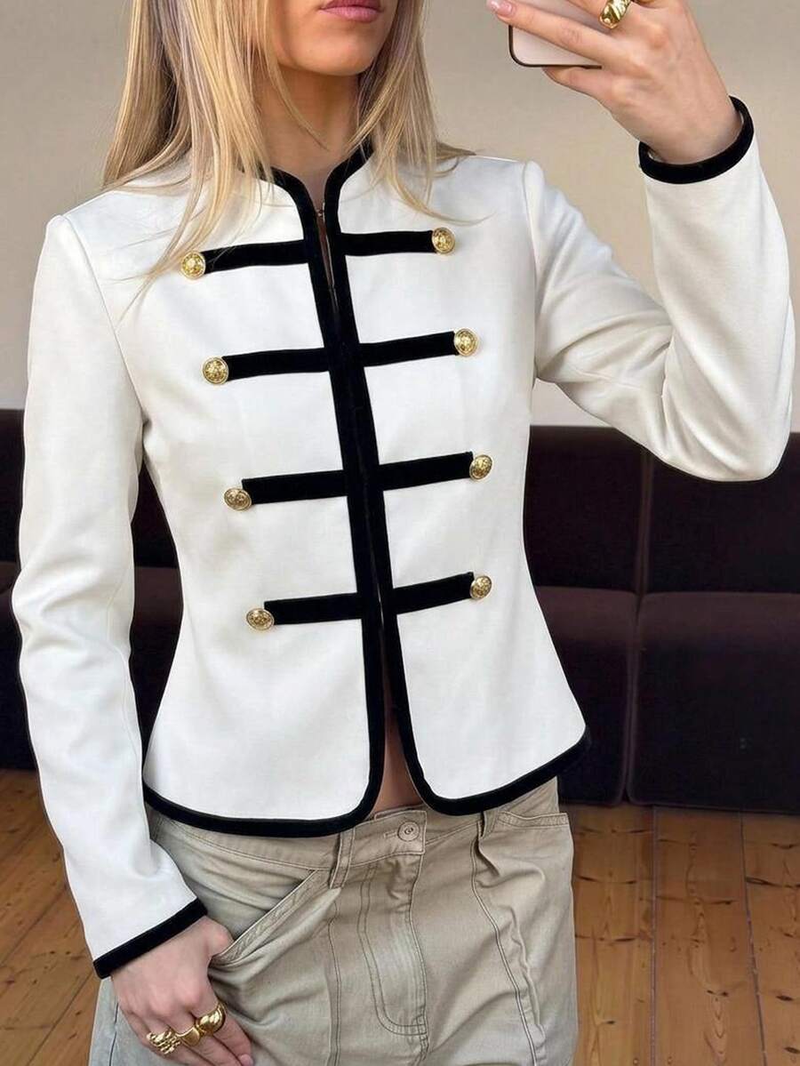 SHEIN Clasi Elegant Chic Black & White Metallic Button Decor Fitted Women Jacket In Fall/Winter - Black and White - View 1