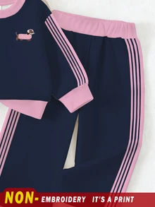 女嬰秋季對比粉色條紋狗狗圖案保暖刷毛運動休閒套裝 2件組 秋冬款 - 彩色 - 查看 4