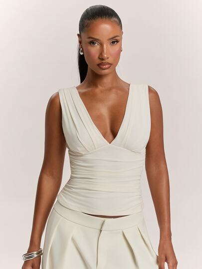 SHEIN BAE Regata Feminina Minimalista Básica de Malha com Decote em V, Regata Franzida, Regata Bege Adequada para Uso Diário, Passeio, Top Elegante