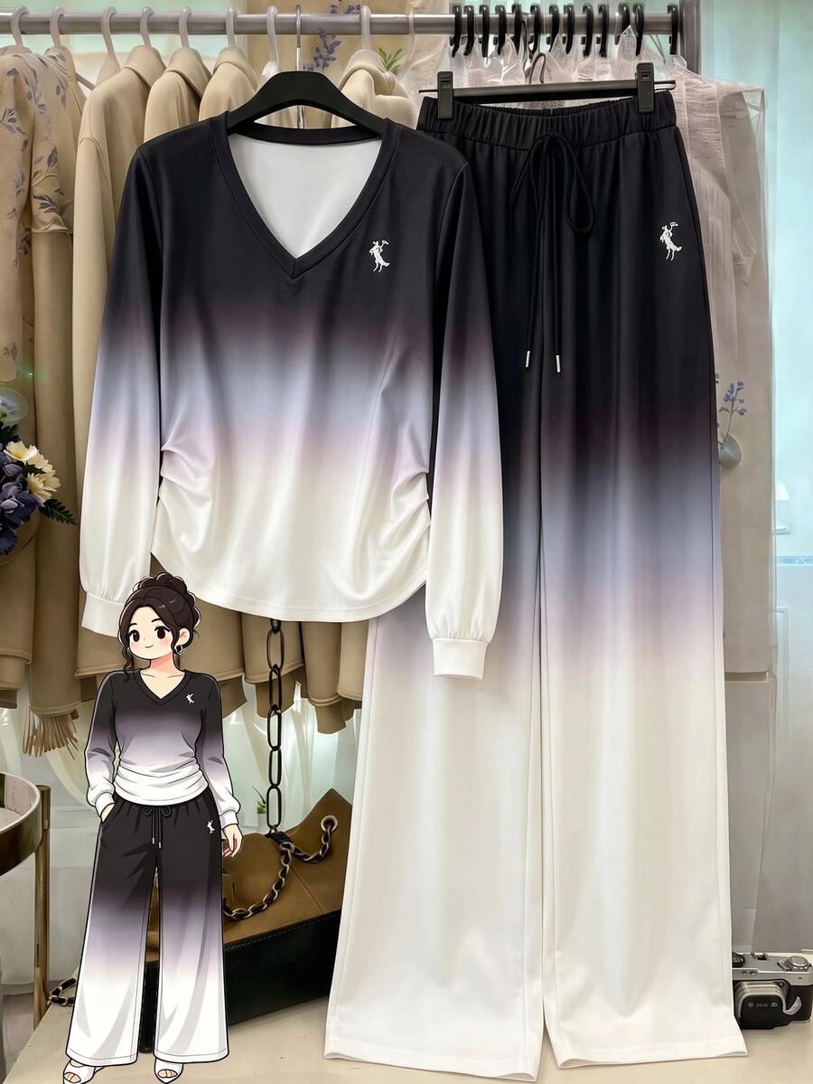 GlowEve CURVE Plus Size Women Gradient Color Long Sleeve Embroidered T-Shirt + Loose Pants Set, Fashionable & Minimalist, Gift For Friends - Multicolor - View 1