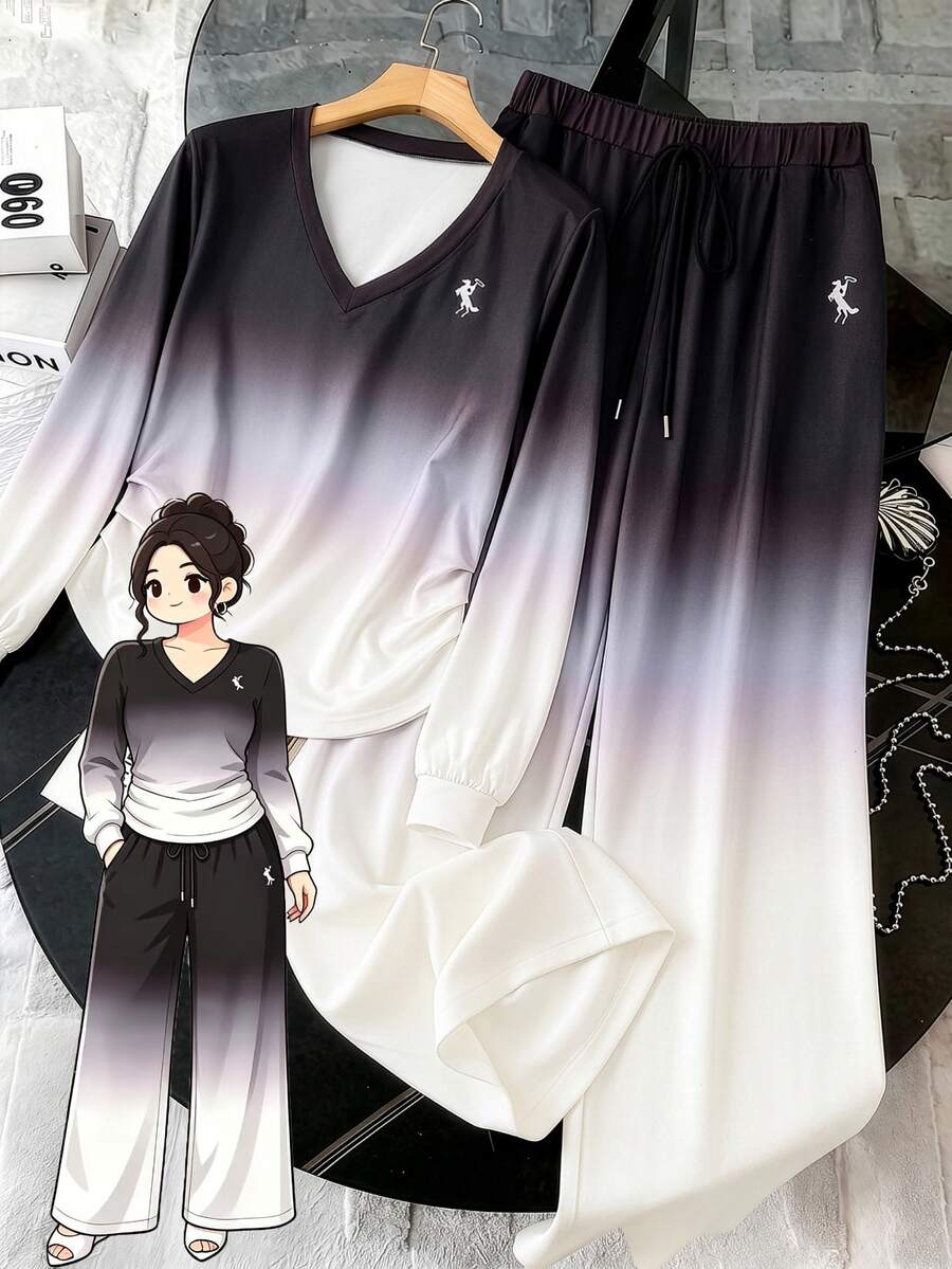 GlowEve CURVE 大尺碼女款漸層色長袖刺繡T恤+寬鬆長褲套裝,時尚簡約,適合送給朋友的秋季禮物 - 彩色 - 查看 1