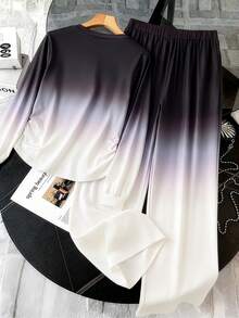 GlowEve CURVE Plus Size Women Gradient Color Long Sleeve Embroidered T-Shirt + Loose Pants Set, Fashionable & Minimalist, Gift For Friends - Multicolor - View 2