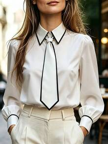 SHEIN New Daily Versatile Commuter Piped Tie Collar Long Sleeve Blouse For Women - White - View 5
