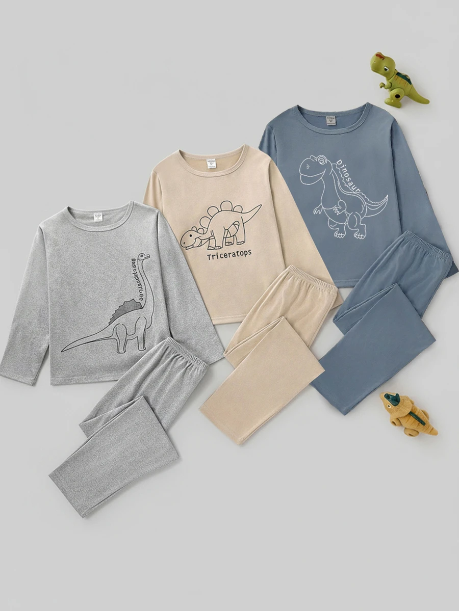 Tween Boy Comfortable Dinosaur Print Long Sleeve Top And Pants Pajama Set, Autumn - Khaki - View 1