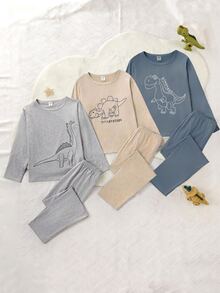 Tween Boy Comfortable Dinosaur Print Long Sleeve Top And Pants Pajama Set, Autumn - Khaki - View 8