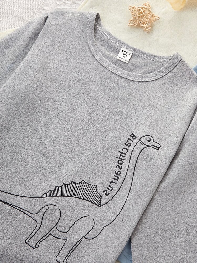 Piyama Set Atasan Lengan Panjang dan Celana Motif Dinosaurus Nyaman untuk Anak Laki-laki Usia 10-12 Tahun, Musim Gugur - Khaki - View 5