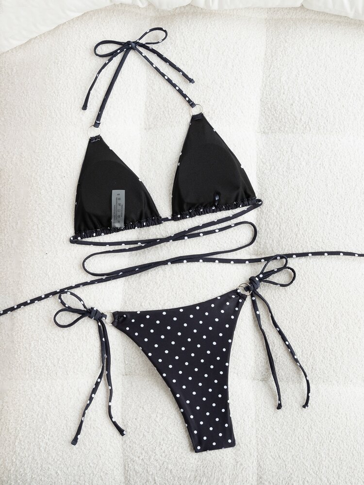 Swim SXY Women's Polka Dot Print Halter Neck Triangle Cup Low Waist Bikini Swimwear - Multicolor - View 2