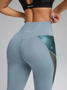 Innovista Women's High Waist Contrast Mesh Leggings Compression Squat Proof Booty Lift High Stretch Running Gym Yoga Training Breathable Activewear - Blue - View 3