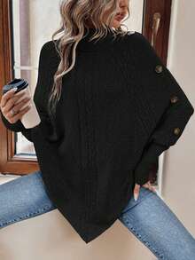 EMERY ROSE Turtleneck Batwing Sleeve Button Detail Poncho Sweater,Long Sleeve Tops Knit Pullover Fall Winter Sweater - Black - View 6