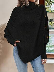 EMERY ROSE Turtleneck Batwing Sleeve Button Detail Poncho Sweater,Long Sleeve Tops Knit Pullover Fall Winter Sweater - Black - View 4