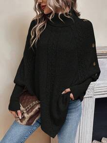 EMERY ROSE Turtleneck Batwing Sleeve Button Detail Poncho Sweater,Long Sleeve Tops Knit Pullover Fall Winter Sweater - Black - View 8