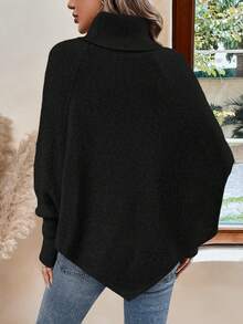 EMERY ROSE Turtleneck Batwing Sleeve Button Detail Poncho Sweater,Long Sleeve Tops Knit Pullover Fall Winter Sweater - Black - View 2