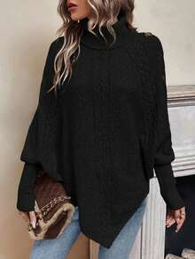 EMERY ROSE Turtleneck Batwing Sleeve Button Detail Poncho Sweater,Long Sleeve Tops Knit Pullover Fall Winter Sweater - Black - View 5