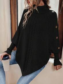 EMERY ROSE Turtleneck Batwing Sleeve Button Detail Poncho Sweater,Long Sleeve Tops Knit Pullover Fall Winter Sweater - Black - View 7