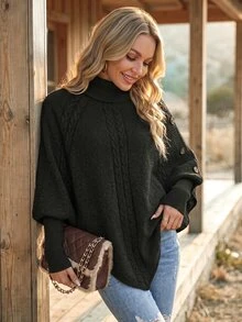 EMERY ROSE Turtleneck Batwing Sleeve Button Detail Poncho Sweater,Long Sleeve Tops Knit Pullover Fall Winter Sweater - Black - View 3