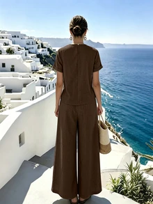 Louniche Women's Spring Summer Dark Brown Side Knot Short Sleeve Top And Cuffed Pants Set Vacation Style Casual Loose 2 Pieces Outfit - Brown - View 2