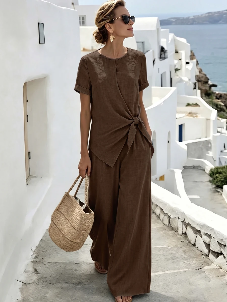 Louniche Women's Spring Summer Dark Brown Side Knot Short Sleeve Top And Cuffed Pants Set Vacation Style Casual Loose 2 Pieces Outfit - Brown - View 1