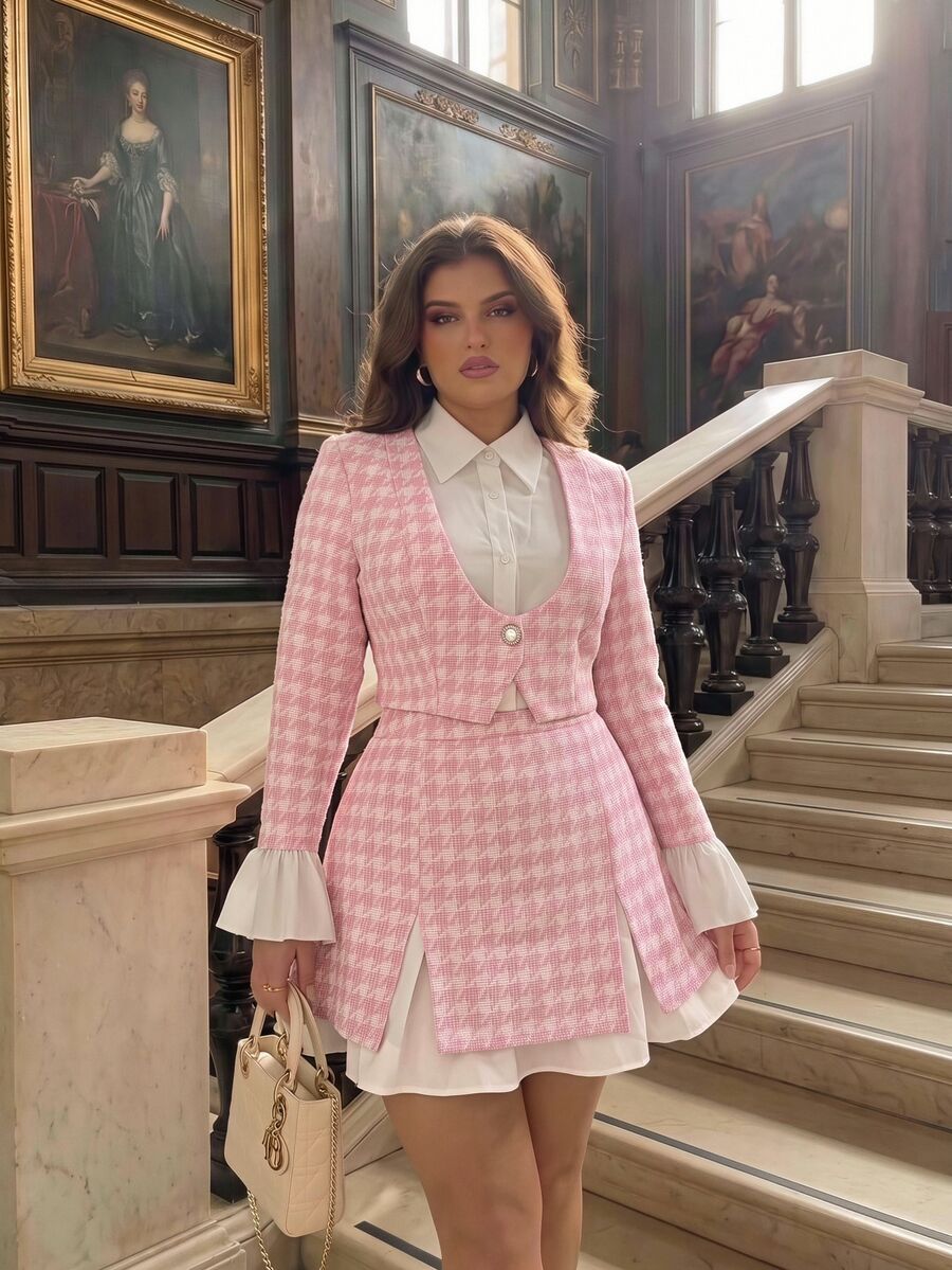 SHEIN MOD Plus Size Autumn Pink Houndstooth Bell Sleeve A-Line Skirt Suit Set, Preppy Style, Vintage Casual Outfit For Girls, Daily Commute, Travel And Party Wear - Pink - View 1