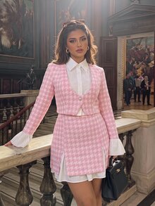 SHEIN MOD Plus Size Autumn Pink Houndstooth Bell Sleeve A-Line Skirt Suit Set, Preppy Style, Vintage Casual Outfit For Girls, Daily Commute, Travel And Party Wear - Pink - View 12
