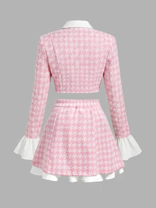 SHEIN MOD Plus Size Autumn Pink Houndstooth Bell Sleeve A-Line Skirt Suit Set, Preppy Style, Vintage Casual Outfit For Girls, Daily Commute, Travel And Party Wear - Pink - View 2