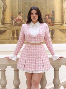 SHEIN MOD Plus Size Autumn Pink Houndstooth Bell Sleeve A-Line Skirt Suit Set, Preppy Style, Vintage Casual Outfit For Girls, Daily Commute, Travel And Party Wear - Pink - View 10