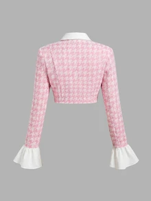 SHEIN MOD Plus Size Autumn Pink Houndstooth Bell Sleeve A-Line Skirt Suit Set, Preppy Style, Vintage Casual Outfit For Girls, Daily Commute, Travel And Party Wear - Pink - View 7