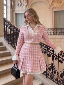 SHEIN MOD Plus Size Autumn Pink Houndstooth Bell Sleeve A-Line Skirt Suit Set, Preppy Style, Vintage Casual Outfit For Girls, Daily Commute, Travel And Party Wear - Pink - View 14