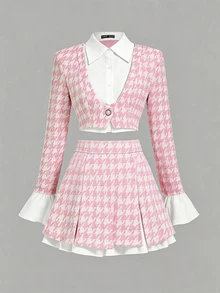 SHEIN MOD Plus Size Autumn Pink Houndstooth Bell Sleeve A-Line Skirt Suit Set, Preppy Style, Vintage Casual Outfit For Girls, Daily Commute, Travel And Party Wear - Pink - View 4