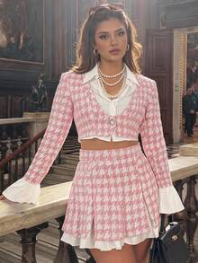 SHEIN MOD Plus Size Autumn Pink Houndstooth Bell Sleeve A-Line Skirt Suit Set, Preppy Style, Vintage Casual Outfit For Girls, Daily Commute, Travel And Party Wear - Pink - View 16