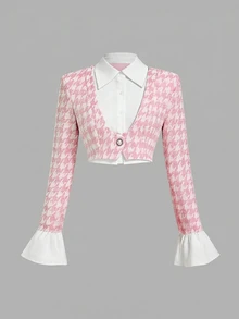 SHEIN MOD Plus Size Autumn Pink Houndstooth Bell Sleeve A-Line Skirt Suit Set, Preppy Style, Vintage Casual Outfit For Girls, Daily Commute, Travel And Party Wear - Pink - View 3