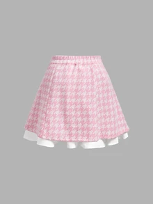 SHEIN MOD Plus Size Autumn Pink Houndstooth Bell Sleeve A-Line Skirt Suit Set, Preppy Style, Vintage Casual Outfit For Girls, Daily Commute, Travel And Party Wear - Pink - View 6