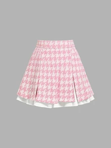 SHEIN MOD Plus Size Autumn Pink Houndstooth Bell Sleeve A-Line Skirt Suit Set, Preppy Style, Vintage Casual Outfit For Girls, Daily Commute, Travel And Party Wear - Pink - View 5