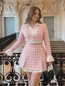 SHEIN MOD Plus Size Autumn Pink Houndstooth Bell Sleeve A-Line Skirt Suit Set, Preppy Style, Vintage Casual Outfit For Girls, Daily Commute, Travel And Party Wear - Pink - View 13