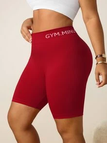 SHEIN Sports Plus Size Women Seamless Waistband Lettering Butt Lifting V-Back Athletic Shorts - Burgundy - View 6