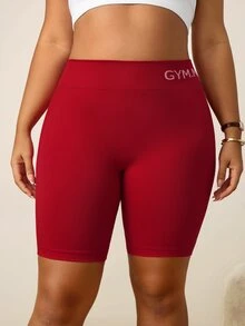 SHEIN Sports Plus Size Women Seamless Waistband Lettering Butt Lifting V-Back Athletic Shorts - Burgundy - View 3