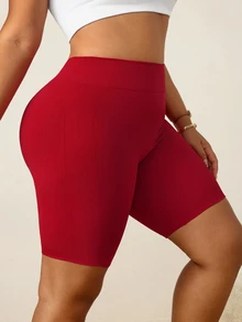 SHEIN Sports Plus Size Women Seamless Waistband Lettering Butt Lifting V-Back Athletic Shorts - Burgundy - View 5
