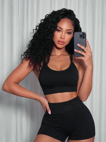 Mistrie Seamless Women's Solid Color Criss-Cross Back Camisole And Shorts Sports Set - Black - View 3