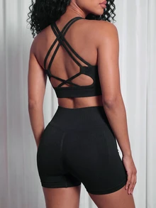 Mistrie Seamless Women's Solid Color Criss-Cross Back Camisole And Shorts Sports Set - Black - View 2