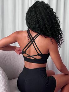 Mistrie Seamless Women's Solid Color Criss-Cross Back Camisole And Shorts Sports Set - Black - View 1