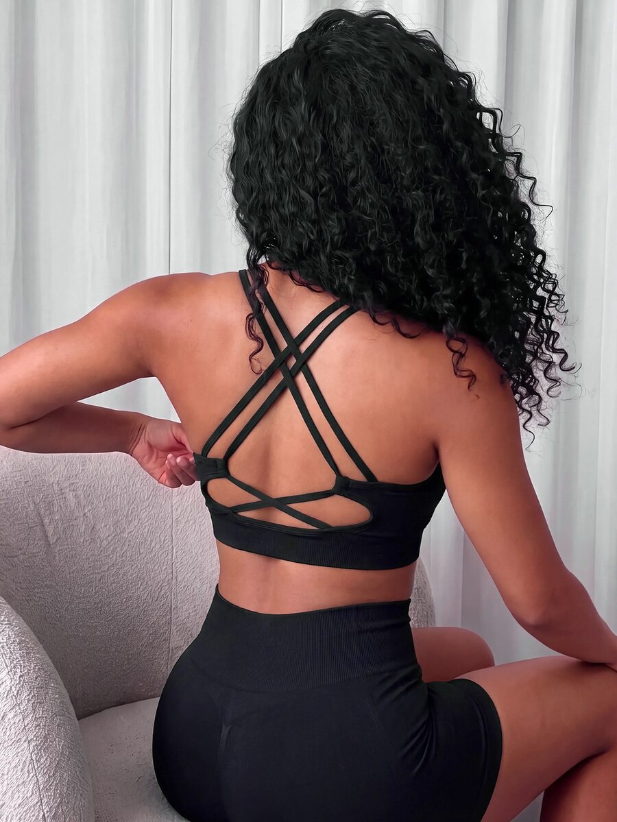 Mistrie Seamless Women's Solid Color Criss-Cross Back Camisole And Shorts Sports Set - Black - View 1