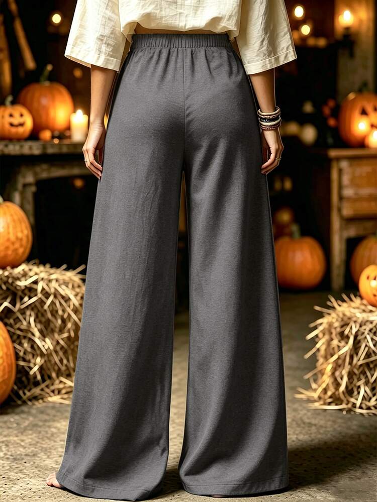 Breezaya Women's Plus Size Casual Vintage Halloween Pumpkin Ghost Face Print Wide Leg Pants, Suitable For Daily And Outing Wear Fall - Multicolor - View 2