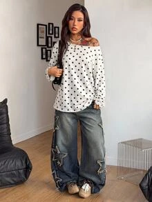 Coolane 女款秋冬可愛基礎款波點愛神圖案舒適不對稱領口露肩長袖白色T恤 - 黑與白 - 查看 3