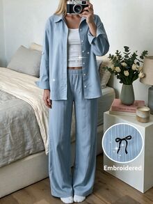青少年女孩童裝休閒街頭風 梭織條紋蝴蝶結 LOGO 印花寬鬆落肩上衣與寬腿長褲套裝，適合春夏、春季出遊、度假、休閒外出、返校 - 藍色 - 查看 3