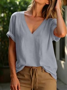 EMERY ROSE Women's Solid Color V-Neck Short Sleeve Casual Blouse - Light Grey - View 4