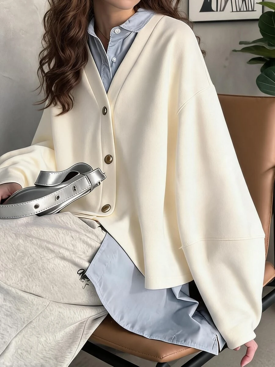 FRIFUL Women's Korean Style Solid Color Sweatshirt For Autumn - Beige - View 1