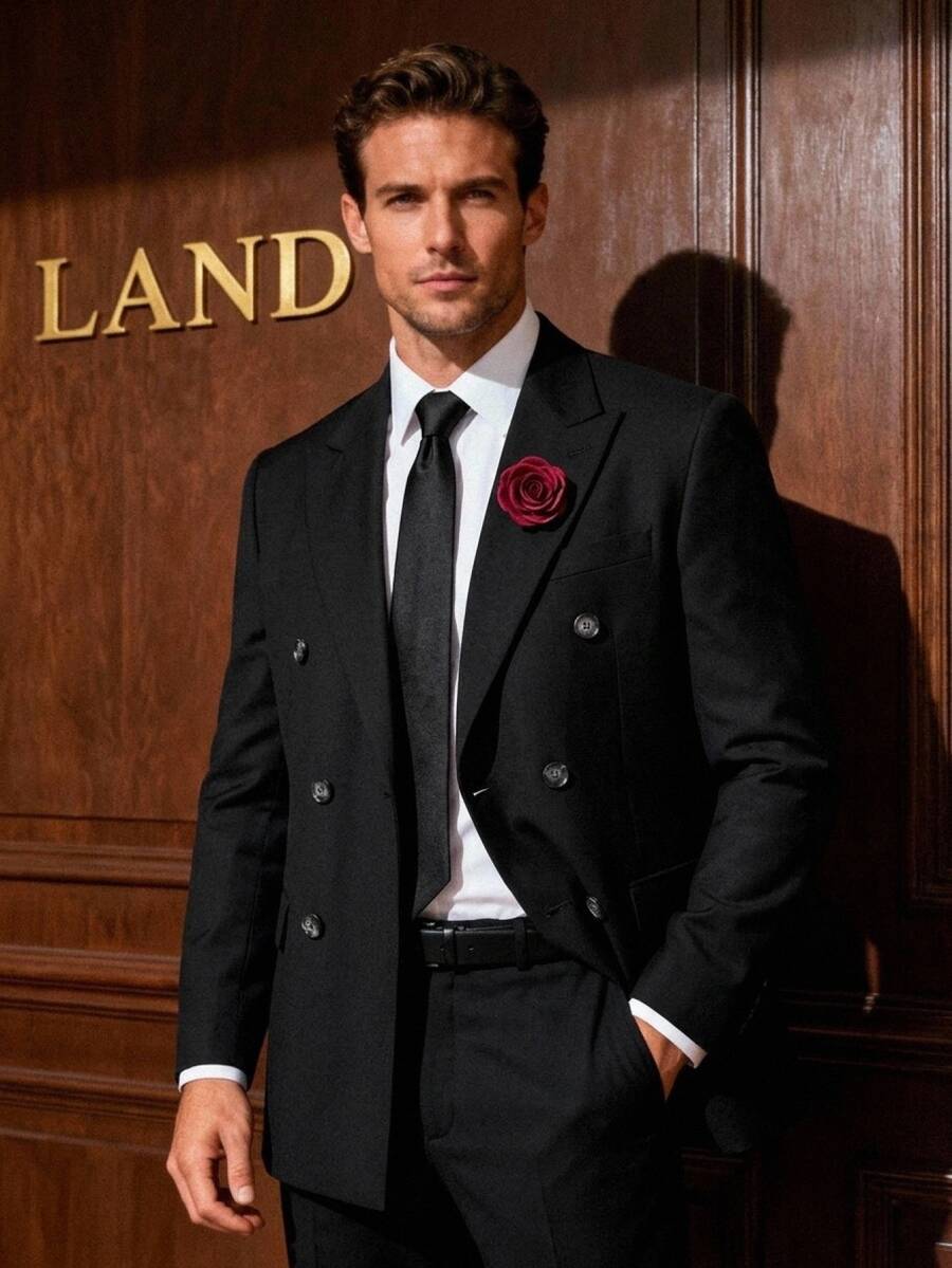 HIMLAND Men's Elegant Classy 3D Floral Decor Button Long Sleeve Jacket And Pants Suit Set Wedding Formal Black Summer - Black - View 1