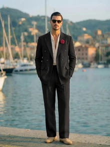 HIMLAND Men's Elegant Classy 3D Floral Decor Button Long Sleeve Jacket And Pants Suit Set Wedding Formal Black Summer - Black - View 2