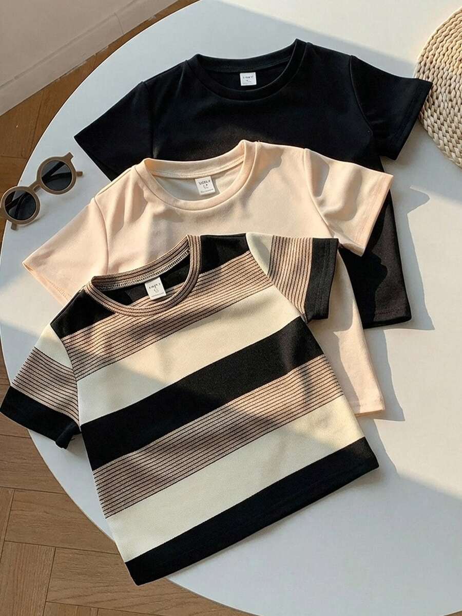 SHEIN 兒童小男孩/小女孩 中性款 3件組 春夏休閒百搭條紋與素色短袖T恤多件組,適合外出、度假、上學、假日 - 卡其色 - 查看 1